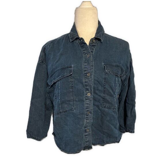 Rails Solid Medium Blue Denim Jean Button Down Top Crop Oversized Small - Picture 1 of 6